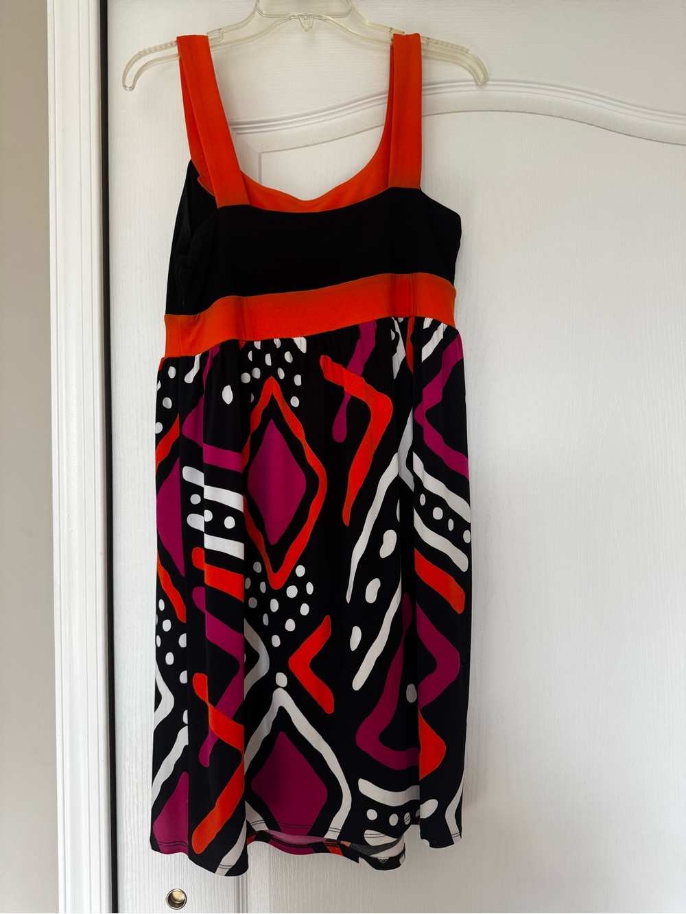 Tiana B. Black Midi Dress with Orange Straps & Purple Geometric Print